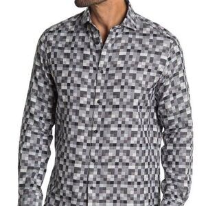 Thomas Dean Performance Cotton Button-Front Long Sleeve Shirt Med Pixel Check‎